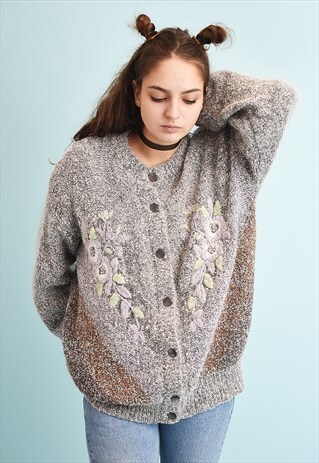 90'S RETRO FLORAL EMBROIDERED MOMS KNIT JAZZY CARDIGAN