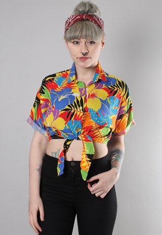 VINTAGE 70S HAWAIIAN FLORAL PATTERNED CROPPED TIE SHIRT