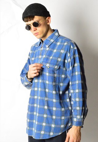 VINTAGE 90S BLUE CHECK 1/4 ZIPPER LONG SLEEVE SHIRT