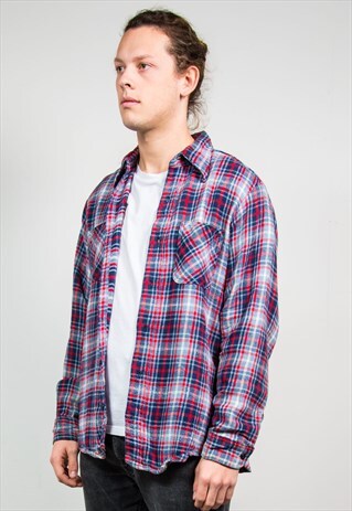 VINTAGE BLUE & RED CHECK PLAID FLANNEL SHIRT