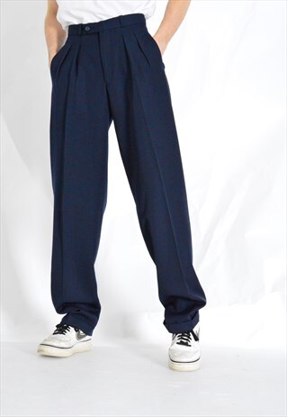 VINTAGE 80S NAVY BLUE WOOL BLEND PLEATED PANTS