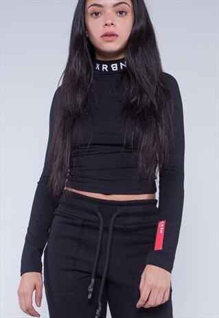 BLACK HIGH NECK LONG SLEEVE CROP TOP WITH LOGO AT NECK