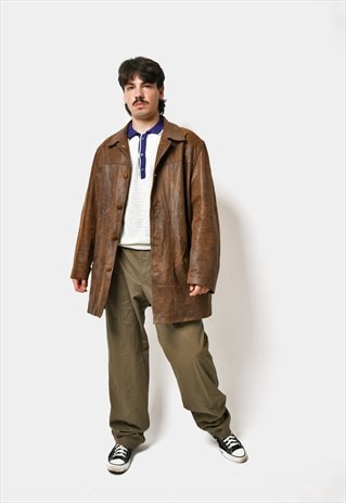 Vintage genuine leather mid long coat brown Men's Y2K 2000s