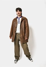 Vintage leather mid long coat brown men's Y2K 90s jacket XL