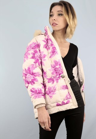 VINTAGE 80S 90S OVERSIZED PATTERNED SKI PUFFER COAT HOOD