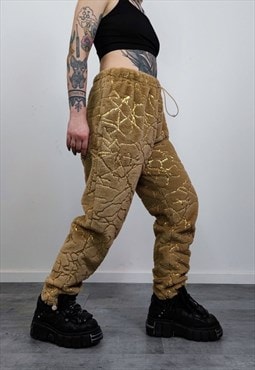 Golden faux fur joggers metallic pant luminous pants brown