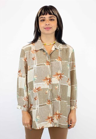 VINTAGE ABSTRACT PATTERN BLOUSE IN BROWN, SIZE M