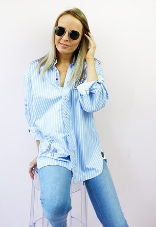 VINTAGE 90'S STRIPED EMBROIDERED BADGES POLO SHIRT BLOUSE