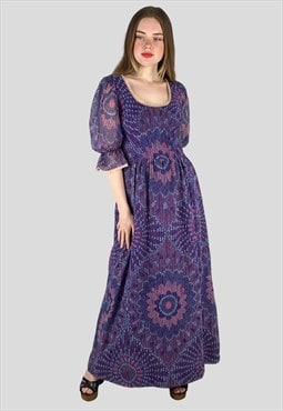 Bernshaw 70's Vintage Purple Printed Short Sleeve Maxi Dress