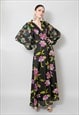 70's Vintage Ladies Dress Black floral Bell Sleeve Maxi