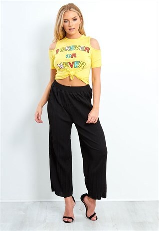 YELLOW FOREVER OR NEVER SLOGAN KNOT FRONT TOP