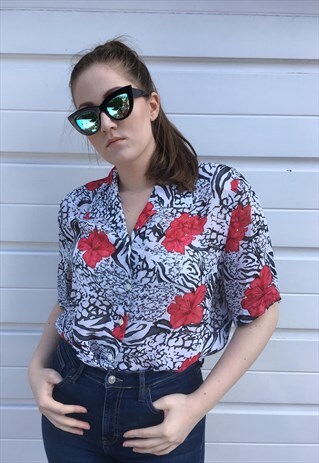 WOMENS VINTAGE 80S BLOUSE ZEBRA PRINT TOP FLORAL SHIRT