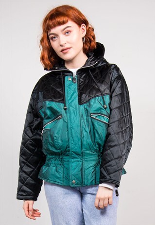 90'S VINTAGE GREEN HOODED FITTED SKI COAT