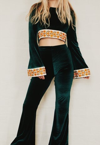 GREEN VELVET CO-ORD SET WITH FLARES AND BELL SLEEVE