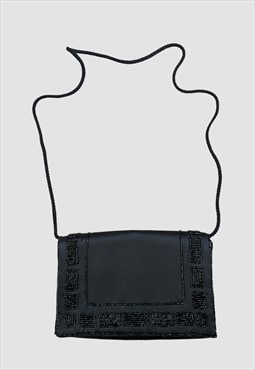 80's Black Bag Black Beaded Satin Fabric Chain Handbag