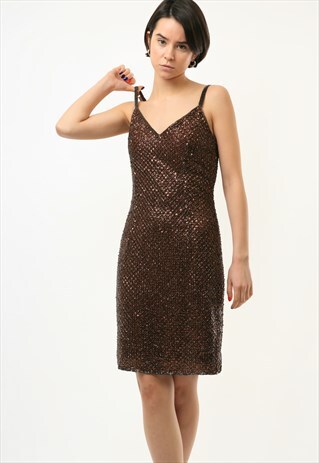 WOMAN SEQUINS MINI DISCO BROWN DRESS SIZE S SMALL 3679