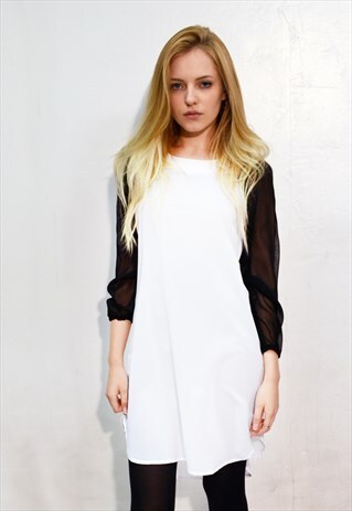COLOR BLOCK SHIFT DRESS WITH CHIFFON SLEEVES