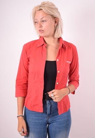 CALVIN KLEIN WOMENS VINTAGE SHIRT 3/4 SLEEVE SMALL RED 90S