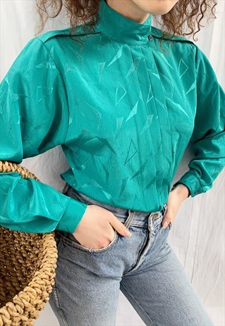 VINTAGE 80S LUXE SATIN PARISIAN CHIC BLOUSE TOP TURQUOISE