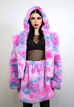 Hooded Tie-dye fleece coat pink crop trench festival jacket