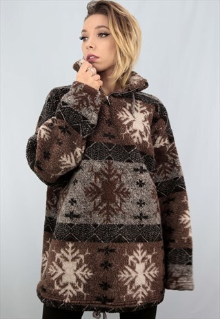 VINTAGE 90S OVERSIZED 1/4 ZIP PATTERNED TEDDY FLEECE