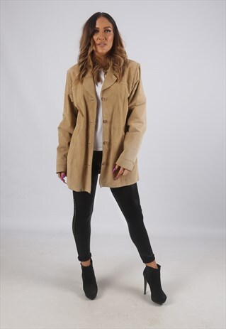 VINTAGE SUEDE LEATHER JACKET FITTED UK 16 XL (HK4X)