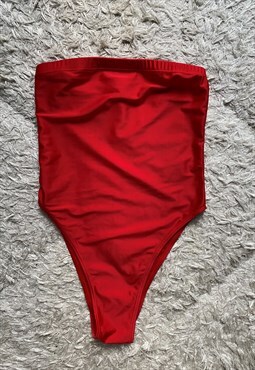90s style red one piece swimsuit
