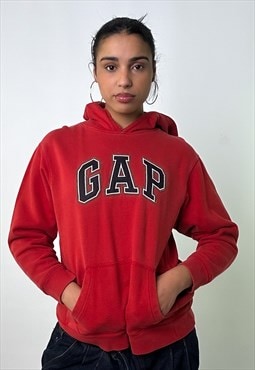 Red 90s Gap Embroidered Spellout Hoodie Sweatshirt