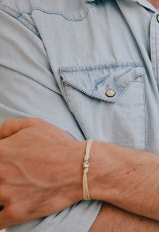 SKULL BRACELET, MEN'S BRACELET WITH SILVER SKULL, BEIGE CORD