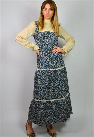 VINTAGE 70S BLUE & CREAM FLORAL BOHO FESTIVAL MAXI DRESS