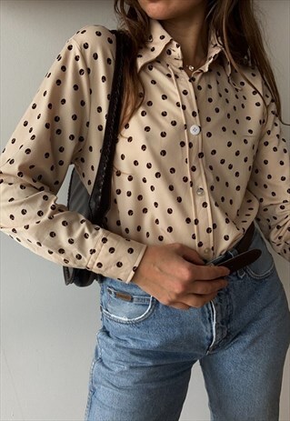 VINTAGE 60S MOD COFFEE BEAN PRINT BLOUSE SHIRT TOP BOHO
