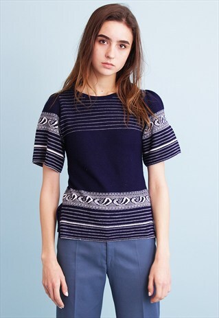 70'S RETRO KNIT FAIR ISLE CHRISTMAS NAVY BLUE JUMPER TOP