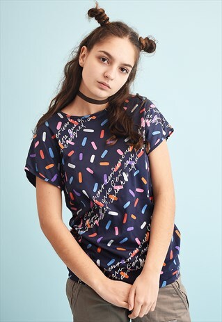 80'S RETRO SLOGAN ABSTRACT PRINT NAVY TOP