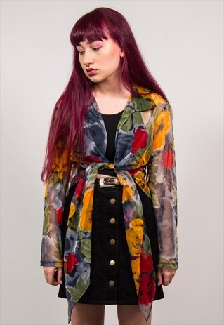 VINTAGE 90'S COLOURFUL FLORAL PRINT SHEER OPEN BLOUSE SHIRT