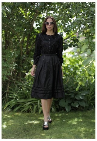 VINTAGE 80'S BLACK PATTERNED PLEATED MIDI SKIRT