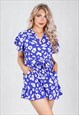 BLUE PRINTED FRILL DETAIL WRAP BELTED PLAYSUIT