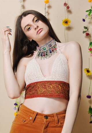 NATURAL CREAM INDIAN EMBELLISHED CROCHET TOP