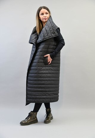 BLACK LONG TRENDY JACKET WITH DETACHABLE SLEEVES F2169