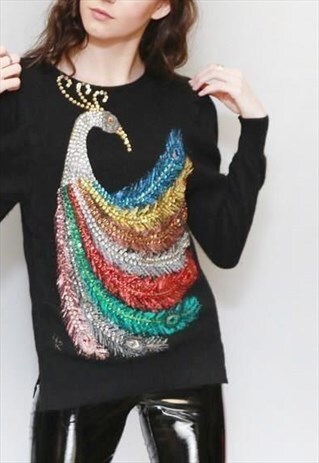 VINTAGE 1980'S BLACK PEACOCK SEQUIN WOOL JUMPER.