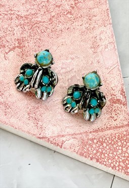 70s Blue Stone & Silver Earrings Boho Jewellery 