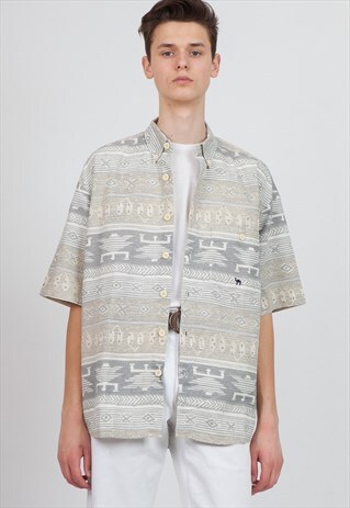 VINTAGE BEIGE GREY CAMEL SHORT SLEEVE AZTEC SHIRT