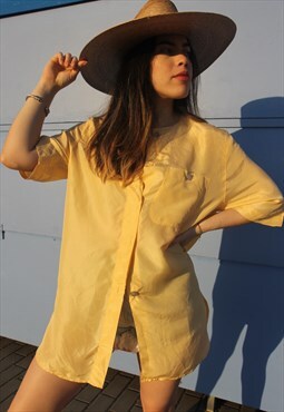 Pale Yellow Longline Collarless Short Sleeve Shirt
