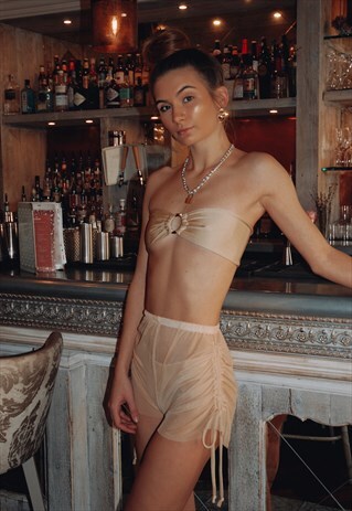 BEIGE MESH RUCHED SHORTS
