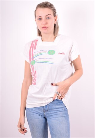 DIADORA WOMENS VINTAGE T-SHIRT TOP MEDIUM WHITE 90'S