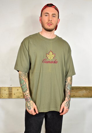 VINTAGE 90S CANADA KHAKI GREEN SOUVENIR T SHIRT