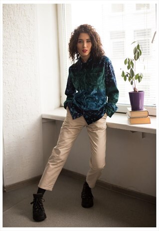 VINTAGE 80'S BLUE/GREEN PATTERNED VELVET SHIRT