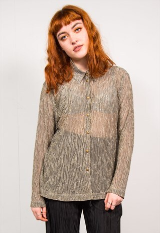 VINTAGE 90'S GOLD GLITTERY STRIPED SHEER BLOUSE SHIRT