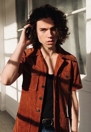 MENS RUST ORANGE CORD 70S STYLE CUBAN COLLAR OVER SHIRT