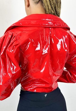 Vintage 90s vinyl red puffy sleeved cropped jacket 
