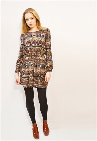 ELEPHANT PRINT COTTON SHIFT DRESS (BROWN)